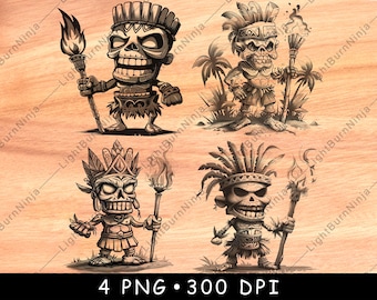 Tribal Skelett Tiki PNG-paket för lasergravering | Ökrigarskalle Clipart för träskyltar, underlägg, väggkonst och hantverk