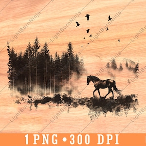 Cheval, pins, forêt, oiseaux, nature sauvage, paysage, fichier laser, gravure en niveaux de gris, ardoise, caboteur, noir blanc, image PNG, graver, bois, une