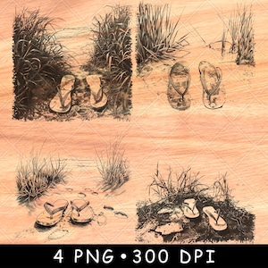 Paire de tongs pantoufles herbe rivière lac plage bord scène Art fichier laser graver en niveaux de gris ardoise sous-verres noir blanc Image PNG graver Cnc bois