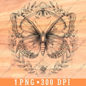 Intricate Patterns Butterfly Floral Wreath Botanical Garden Laser File Burn Grayscale Slate Coaster Black White PNG Image Engrave Cnc Wood