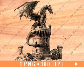 Dragon Castle PNG for Laser Engraving | Fantasy Medieval Tower with Dragon Digital File | Mythical Beast Wall Art Wood Design
