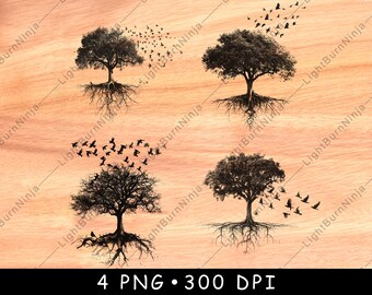 Árbol de la vida con raíces y pájaros PNG / Diseño de grabado láser de naturaleza / Arte de madera con silueta de árbol / Archivo PNG de árbol espiritual