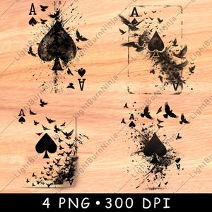 As de espadas Pájaros Bandada Volando Jugar Juego de cartas Apuestas de la suerte Archivo láser Grabar Escala de grises Posavasos de pizarra Imagen PNG en blanco y negro Grabar madera CNC