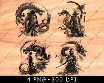Japanese Samurai Dragon PNG Bundle, Warrior Laser Engraving Design, Asian Ink Art for Wood Signs, Cutting Boards, Coasters, Wall Decor Art
