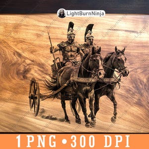 Antico carro spartano romano guerriero gladiatore cavallo oplita file laser brucia scala di grigi ardesia sottobicchiere nero bianco immagine PNG incisa legno, uno