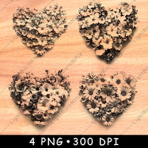 Flowers Heart Shape Valentines Floral Wedding Gift Bloom Love Laser File Burn Grayscale Slate Coaster Black White PNG Image Engrave Cnc Wood