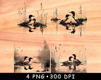Loons Swamp Aquatic Birds Water Duck Wildlife Goose Animals Laser File Burn Grayscale Slate Coaster Black White PNG Image Engrave Cnc Wood