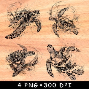 Meeresschildkröte wirbelnden Wasser Schwimmen Ozean Marine Wildtier Laser Datei Brennen Graustufen Schiefer Untersetzer Schwarz Weiß PNG Bild Gravieren Cnc Holz