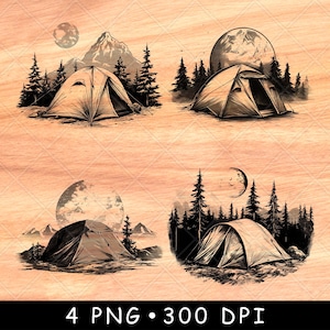 Kamperen Tent Berg Maan Pijnbomen Outdoor Retreat Natuur Laserbestand branden Grijstinten leisteen Onderzetter Zwart wit PNG-afbeelding graveren CNC hout