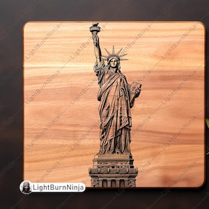 Statue of Liberty Freedom Torch NYC Landmark Island Monument Laser File Burn Grayscale Slate Coaster Black White PNG Image Engrave Cnc Wood