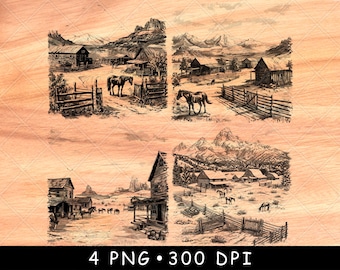 Rustic Farm Scene PNG for Laser Engraving | Mountain Barn Landscape Clipart with Horses for Wood Signs, Western Decor, CNC, Glowforge