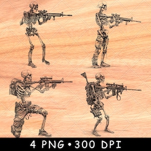 Puede incluir: Cuatro ilustraciones digitales de esqueletos sosteniendo rifles. Los esqueletos están vestidos con uniformes militares y están en varias poses. El fondo es un patrón de veta de madera.