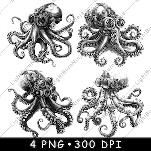 May include: Four black and white digital illustrations of steampunk octopus with gears and goggles. The octopus are in different poses with their tentacles outstretched.