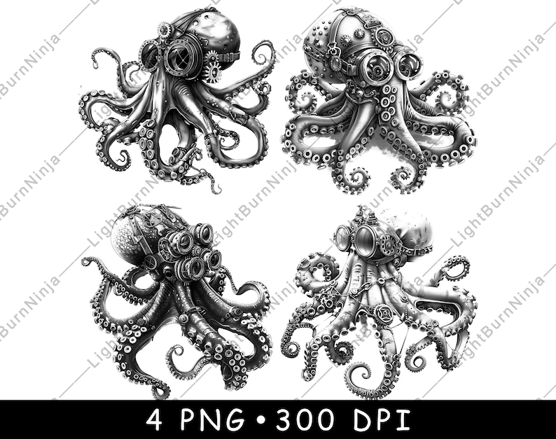 May include: Four black and white digital illustrations of steampunk octopus with gears and goggles. The octopus are in different poses with their tentacles outstretched.
