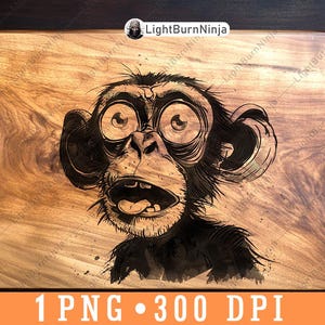 May include: A wood cutting board with a black and white illustration of a surprised monkey with large eyes. The monkey is looking directly at the viewer.