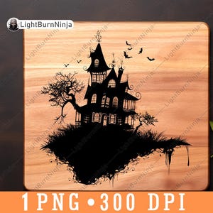 Mansión embrujada Halloween Fantasma Casa abandonada Murciélagos voladores Archivo láser Grabar Escala de grises Posavasos de pizarra Imagen PNG en blanco y negro Grabar madera, uno