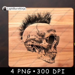May include: A black and white illustration of a skull with a mohawk hairstyle wearing sunglasses. The skull is on a wooden background.