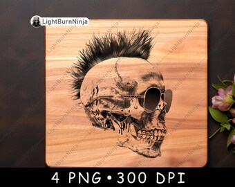 Punk Skull PNG, Mohawk Skeleton Laser Engraving File, Rocker Skull with Sunglasses Art for Wood Signs, Coasters, Wall Decor & Gifts