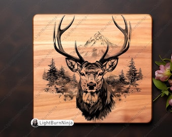Deer Head Mountain Forest Wapiti Wild Large Bull Elk Buck Doe Laser File Burn Grayscale Slate Coaster Black White PNG Image Engrave Cnc Wood