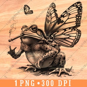 Frosch Schmetterling Kröte Flügel Rauchen Zigarre Fantasy Pod Insekten Laser File Brennen Graustufen Schiefer Untersetzer Schwarz Weiß PNG Bild Gravieren Cnc Holz