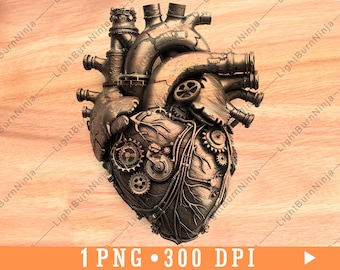 Steampunk Heart Cog Gear Pipe Mechanical Metal Machine Sci-fi Laser File Burn Grayscale Slate Coaster Black White PNG Image Engrave Wood,one