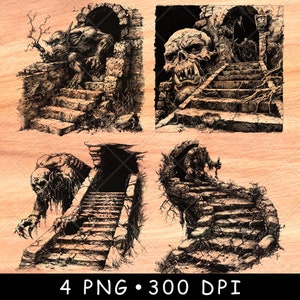 Troll Keeper escalier Hell Lord Undead King Skull Halloween fichier laser graver en niveaux de gris ardoise sous-verres Image PNG noir et blanc graver sur bois Cnc