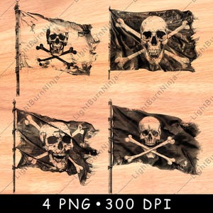 May include: Four digital images of a distressed black pirate flag with a white skull and crossbones. The flag is tattered and torn, giving it a vintage look.