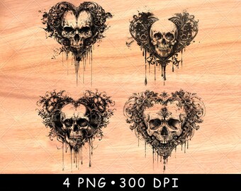 May include: Four digital illustrations of a skull with floral designs in the shape of a heart. The skulls are black and white and the floral designs are black.