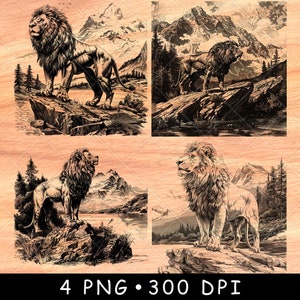 Lion Lake Berglandschap Rotsachtige oever van het meer Wildernis dennen Laserbestand branden grijstinten leisteen onderzetter zwart wit PNG-afbeelding graveren CNC hout
