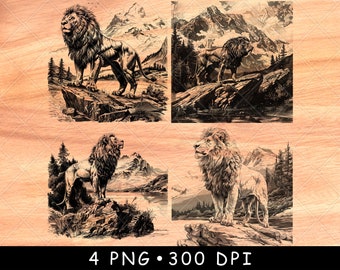 Lion PNG Bundle, Majestic Mountain Lion Landscape Art, Wilderness King of the Jungle Scene, Rustic Cabin Lodge Decor, Laser Engraving Design