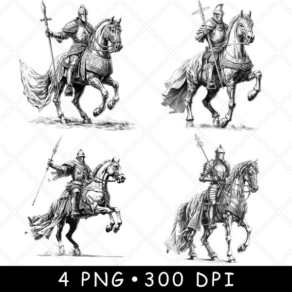 Knight Horsemen Medieval Horse Gladiator Armor Soldier Spear Laser File Burn Grayscale Slate Coaster Black White PNG Image Engrave Cnc Wood