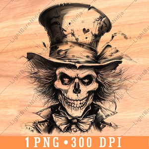 Puede incluir: Una ilustración digital en blanco y negro de una calavera con un sombrero de copa con una esfera de reloj y un corazón en él. La calavera tiene una expresión siniestra con una amplia sonrisa y dientes afilados. El sombrero está inclinado en un ángulo atrevido, y el cabello de la calavera es largo y fluido.