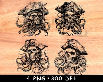 Pirate Skull Octopus PNG Laser Engraving File, Nautical Pirate Art, Kraken Skull Design, Wood Burn, Gothic Wall Decor