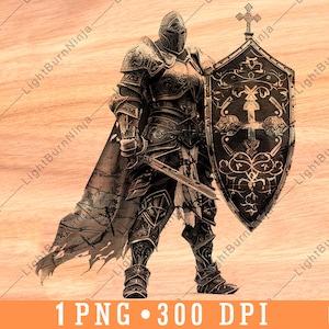 May include: A digital illustration of a knight in armour holding a sword and shield. The knight is wearing a helmet with a visor, and the shield is decorated with a cross and floral patterns. The image is in a distressed style, with a faded and textured background.