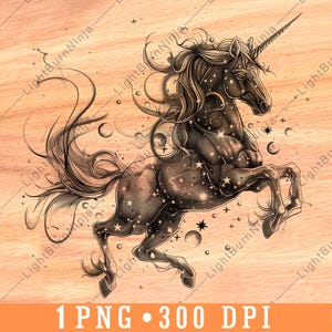 Licorne rougeoyante créature fantastique Magic Fantasy étoile céleste fichier laser graver en niveaux de gris ardoise dessous de verre image PNG noir et blanc graver sur bois, un