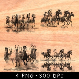 Wilde Pferde Herde Landschaft Wasser Szene Galoppierende Hengste Laser File Brennen Graustufen Schiefer Untersetzer Schwarz Weiß PNG Bild Gravieren Cnc Holz