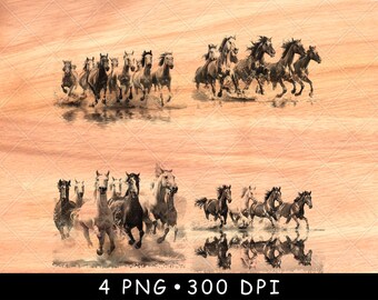 Wild Horses Herd Landscape Water Scene Galloping Stallions Laser File Burn Grayscale Slate Coaster Black White PNG Image Engrave Cnc Wood