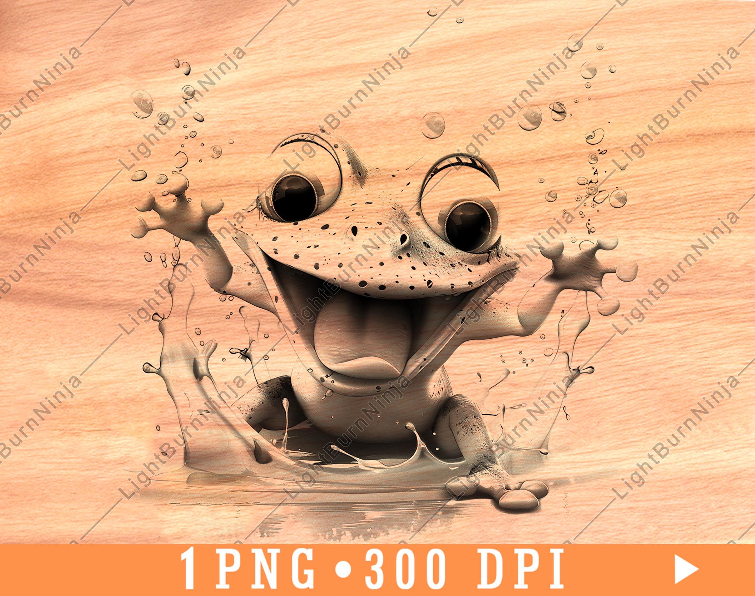 Frog Smiling Tongue Out Water Splashes Playful Cool Amphibian Laser File Burn Grayscale Slate Coaster Black White PNG Image Engrave Wood,one