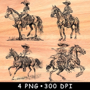 Skeleton Cowgirl Horse Rodeo Rider Western Rancher Halloween Laser File Burn Grayscale Slate Coaster Black White PNG Image Engrave Cnc Wood