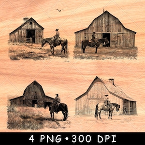 Vaquero y granero PNG para grabado láser / Imágenes prediseñadas de escena rústica de granja del oeste para letreros de madera, decoración de ranchos, Glowforge y artesanía CNC