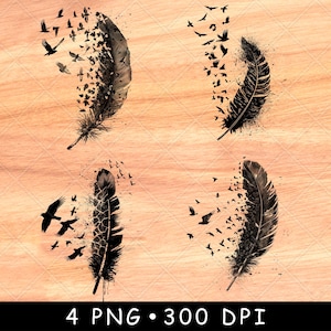 Stormo di uccelli che volano piuma piuma trasformazione libertà file laser brucia scala di grigi ardesia sottobicchiere nero bianco immagine PNG incisione cnc legno