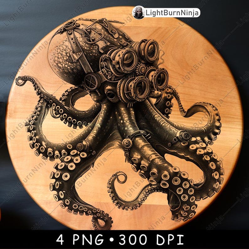 May include: A steampunk-style octopus with a detailed, intricate design. The octopus is rendered in shades of brown and black on a light wood background.