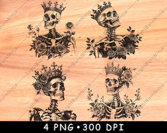 May include: Four black and white illustrations of skeletons wearing crowns and surrounded by roses. The skeletons are in different poses, with detailed rib cages and floral accents. The background is a light wood grain.