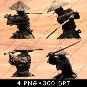 Guerrero samurái, espada katana, Japón, Ronin, artes marciales, ninja, archivo láser, quemar, escala de grises, posavasos, imagen PNG en blanco y negro, grabar, CNC, madera