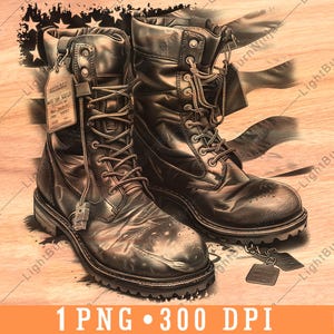 Military Boots with Dog Tags PNG | Soldier Tribute Laser Engraving File for Veteran Wall Art, Memorial Decor & Patriotic CNC Projects