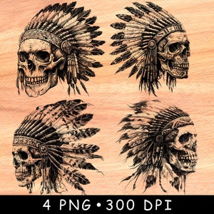 May include: Four black and white digital illustrations of a skull wearing a Native American headdress. The headdress is made of feathers and beads. The skull is facing to the right in each image.