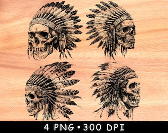 Skull Native Indian American Warrior Skeleton Tribe Chief Laser File Burn Grayscale Slate Coaster Black White PNG Image Engrave Cnc Wood Art