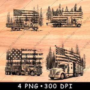 Truck Logs Amerikanische Flagge Bäume Holzladung Forstwirtschaft Big Rig Laser File Brennen Graustufen Schiefer Untersetzer Schwarz Weiß PNG Bild Gravieren Cnc Holz