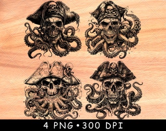 Pirate Skull Davy Ocean Captain Jones Caribbean Octopus Laser File Burn Grayscale Slate Coaster Black White PNG Image Engrave Cnc Wood Art