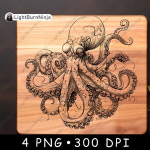 May include: A detailed black and white illustration of an octopus with eight tentacles on a wooden chopping board.